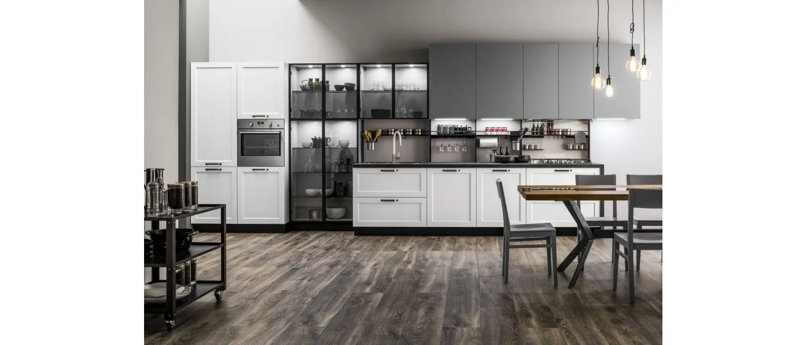 Cucina Moderna lineare Dallas 03 in PET Zucchero con Vetrine di Arrex