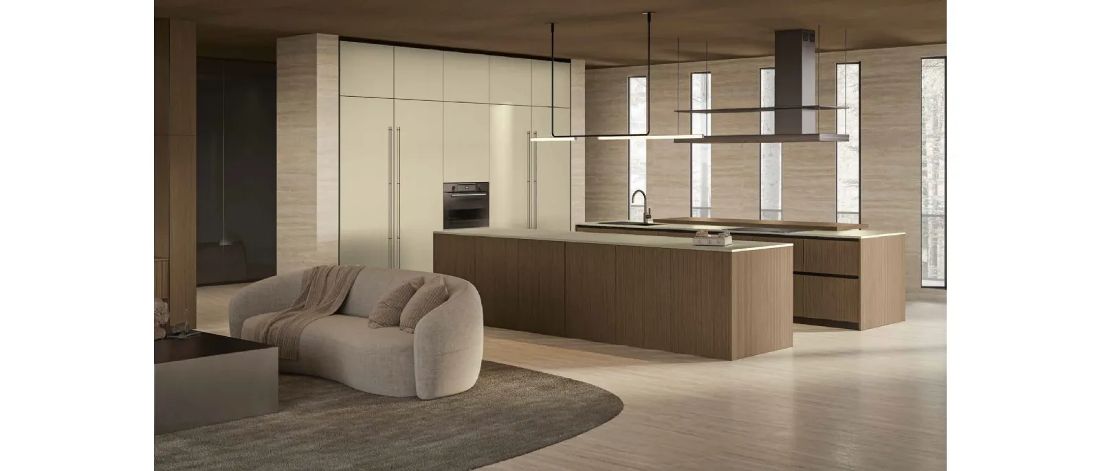 Cucina Moderna in Fenix Oro Cortez con isola in Rovere Daytona Game di Arrex