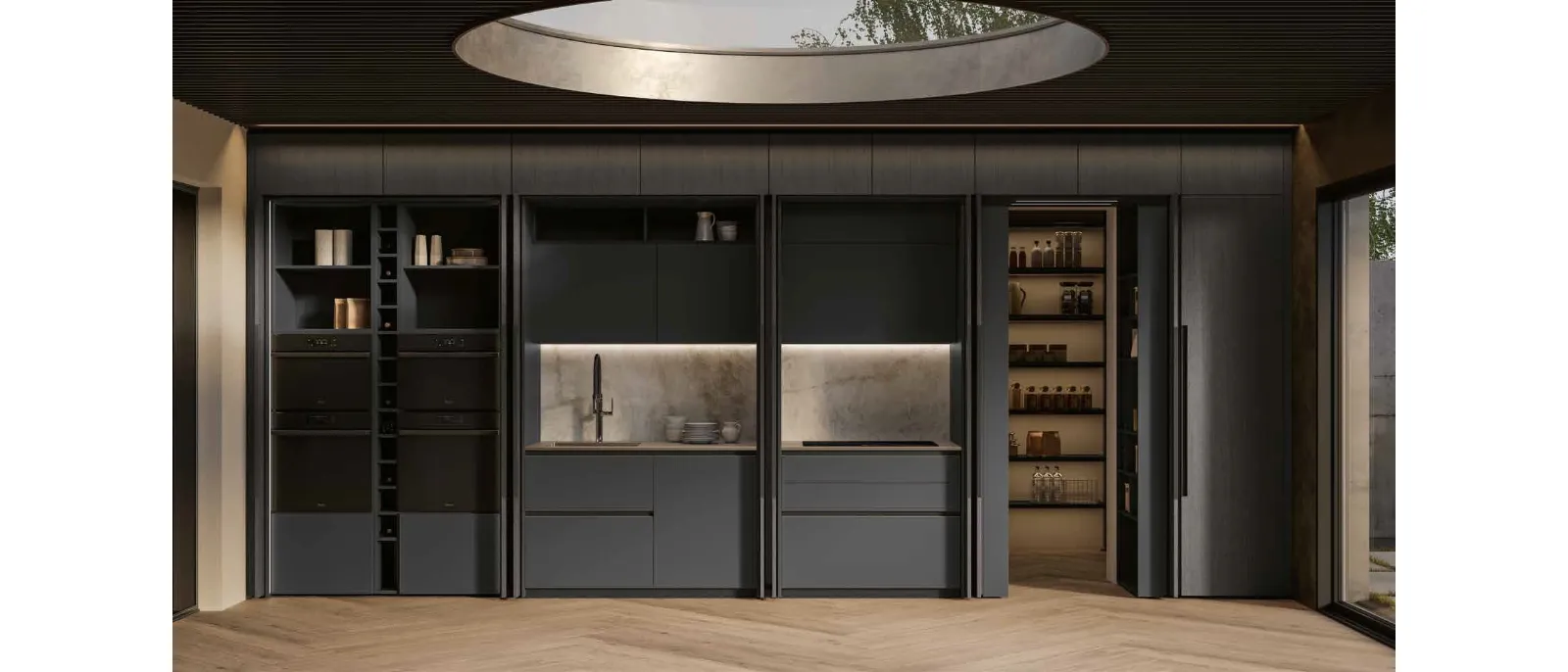 Cucina Moderna lineare Daytona Living in pet Ardesia con ante scorrevoli in legno di Arrex
