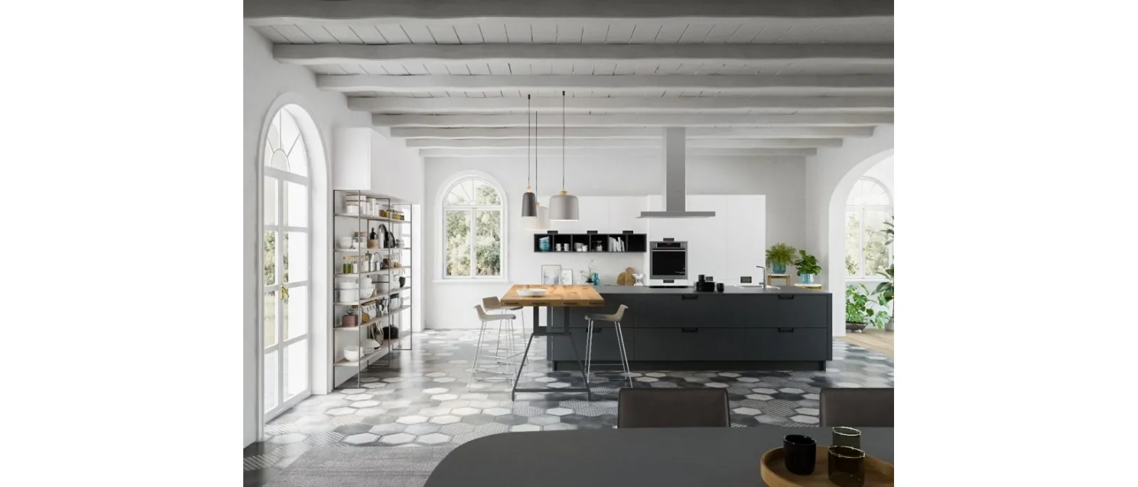 Cucina Moderna in laminato Fenix Grigio Bromo con penisola di Arrex