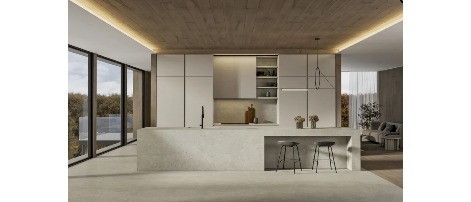 Cucina Moderna con isola Gea 01 in PET Sabbia di Arrex
