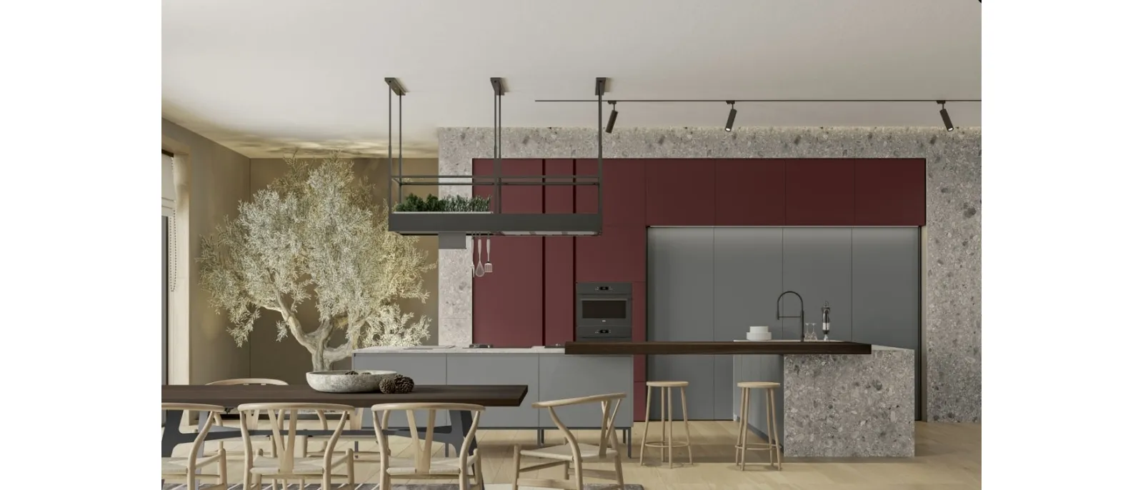 Cucina Moderna con penisola Gea 05 in PET Sasso e laccato di Arrex