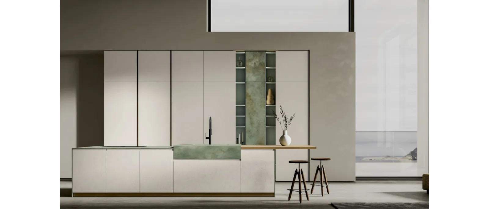 Cucina Moderna con isola in PET Creta e Gres Ossido Verderame Gea 06 di Arrex
