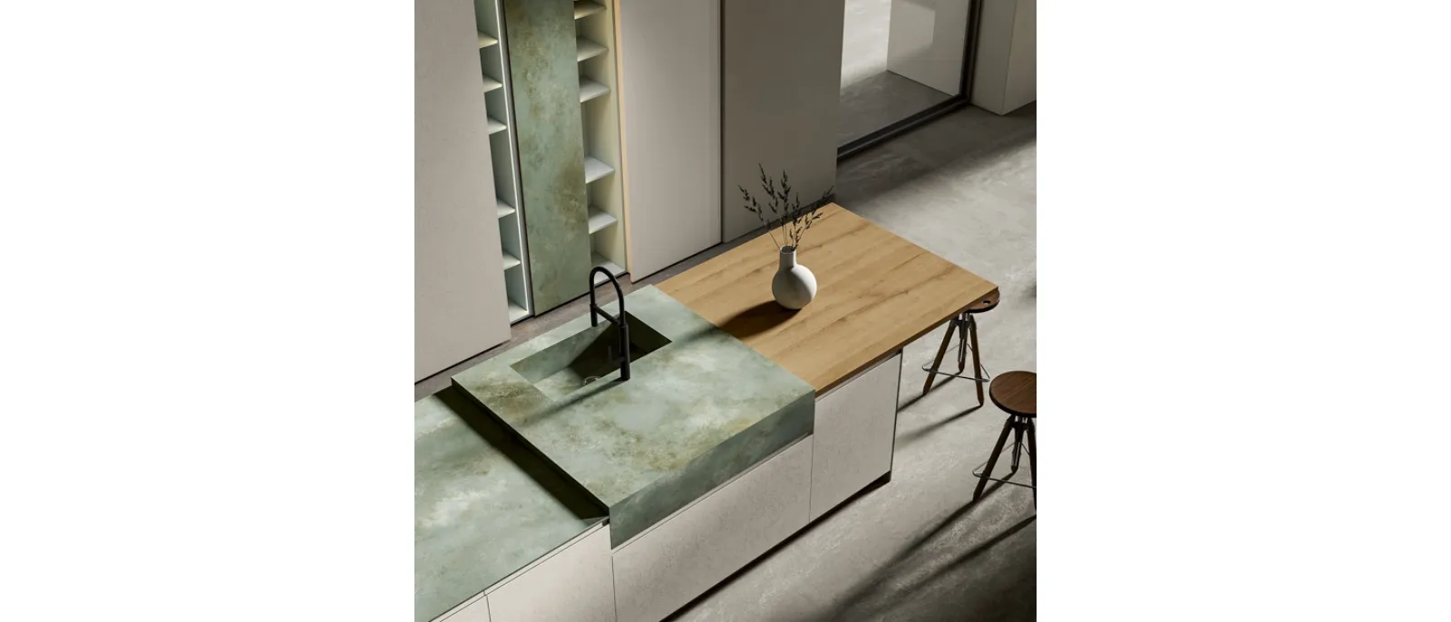 Cucina Moderna con isola in PET Creta e Gres Ossido Verderame Gea 06 di Arrex