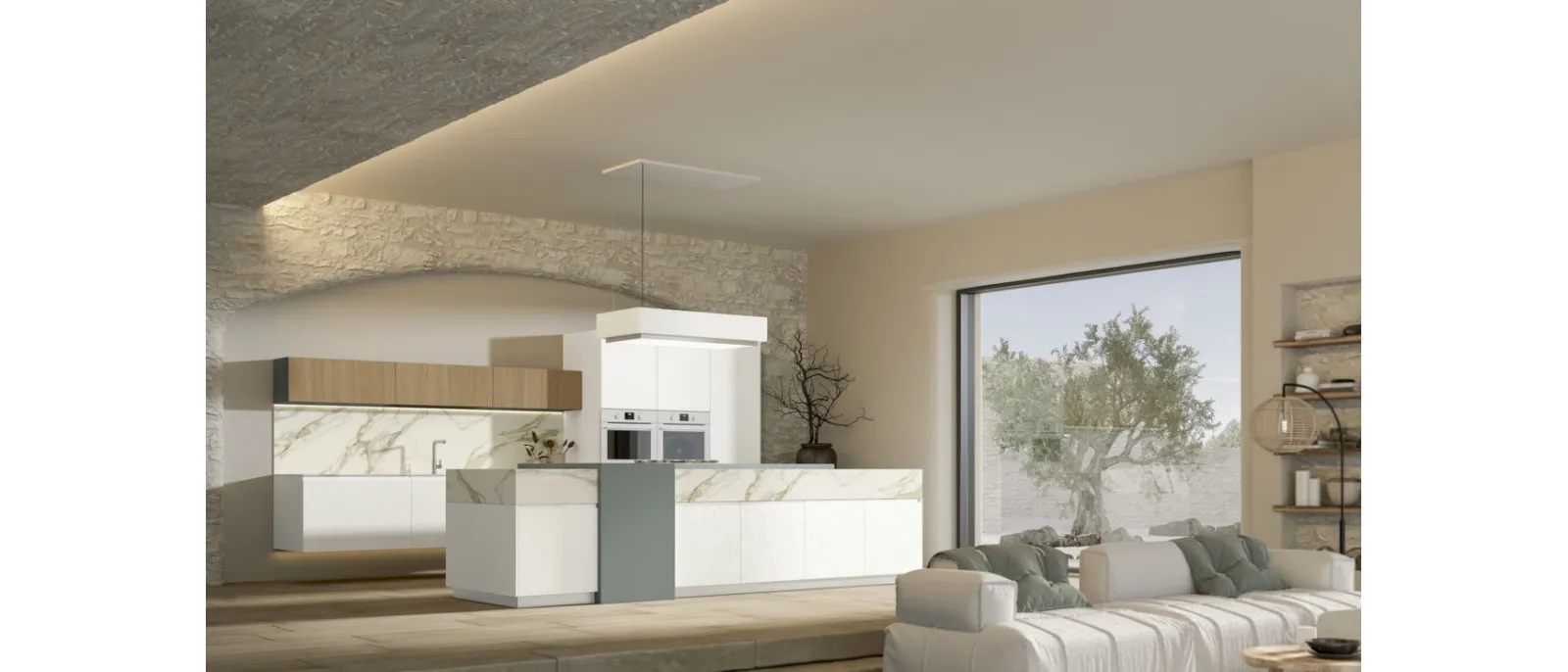 Cucina Moderna con isola Gea 07 in PET Calce di Arrex