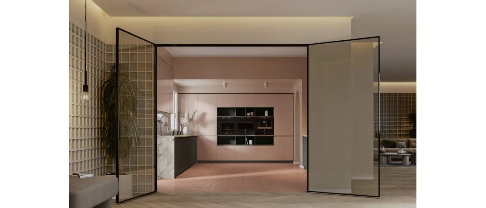 Cucina Moderna con penisola Gea 08 in laccato lucido e PET Ardesia di Arrex
