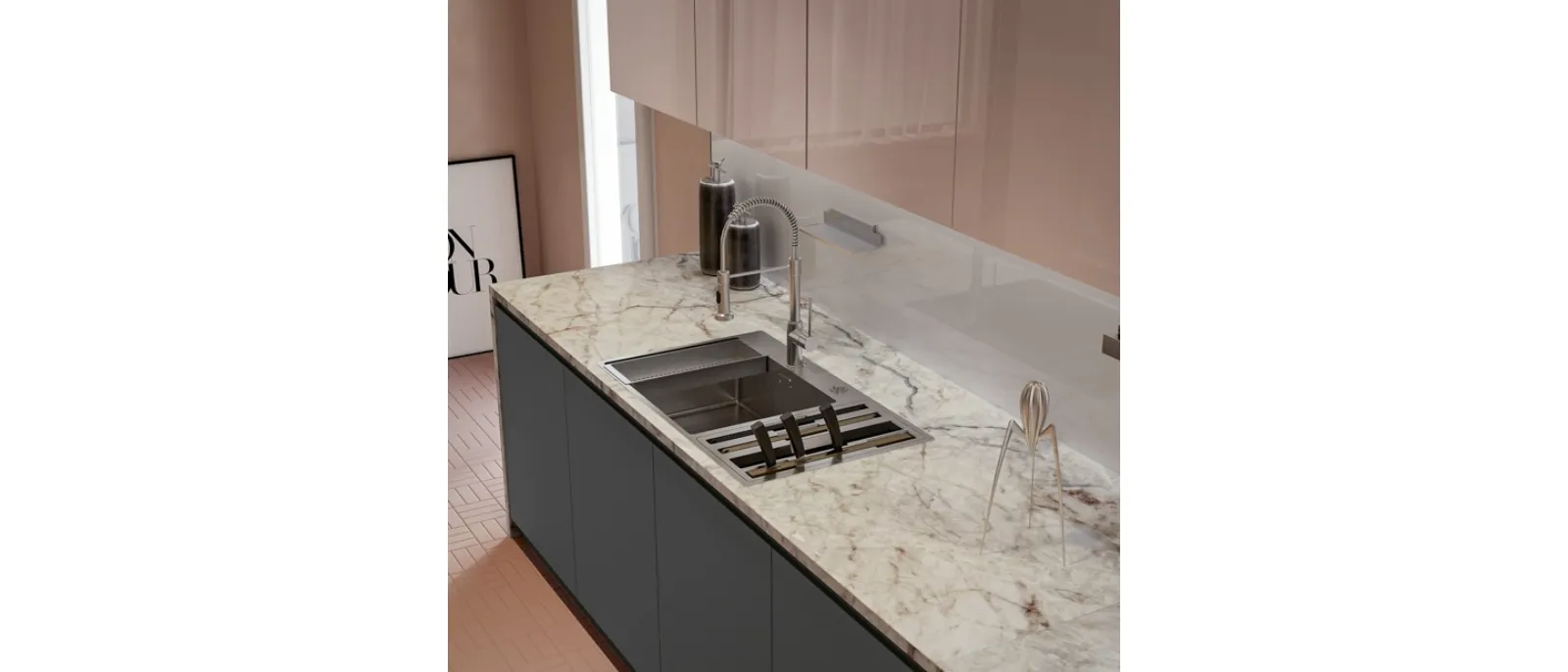 Cucina Moderna con penisola Gea 08 in laccato lucido e PET Ardesia di Arrex