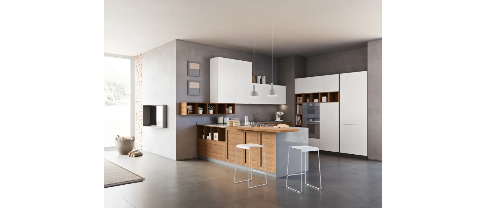 Cucina Moderna con penisola Intesa 003 in laccato bianco e rovere di Ar-due