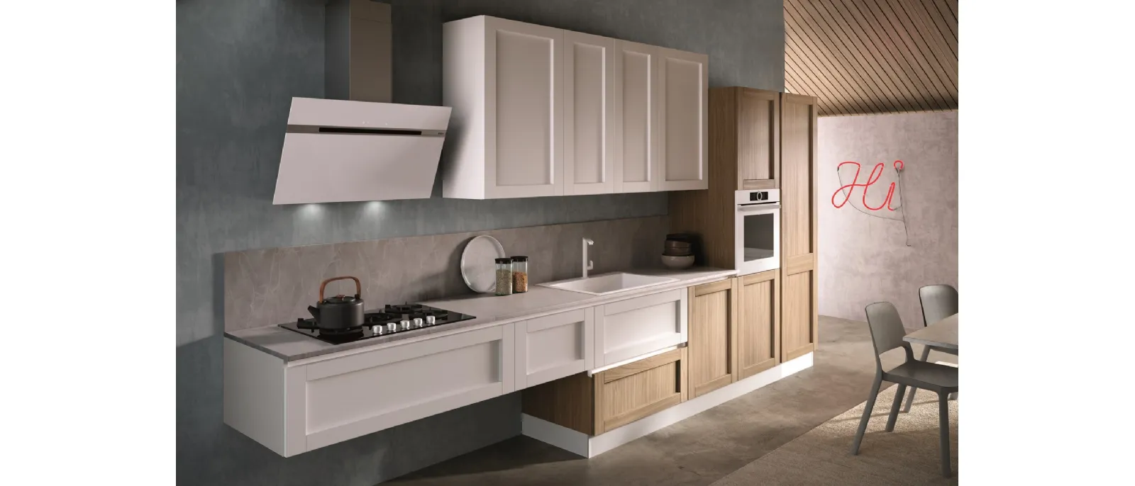 Cucina Moderna lineare Jazz composizione 03 in PET bianco e laminato di Essebi