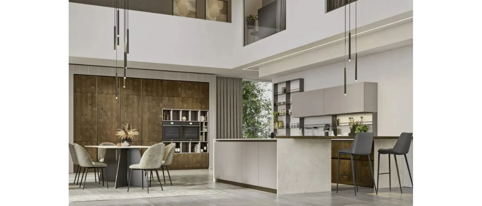 Cucina Moderna con isola Loft 2|2 04 in laccato opaco e Rovere di Arrex