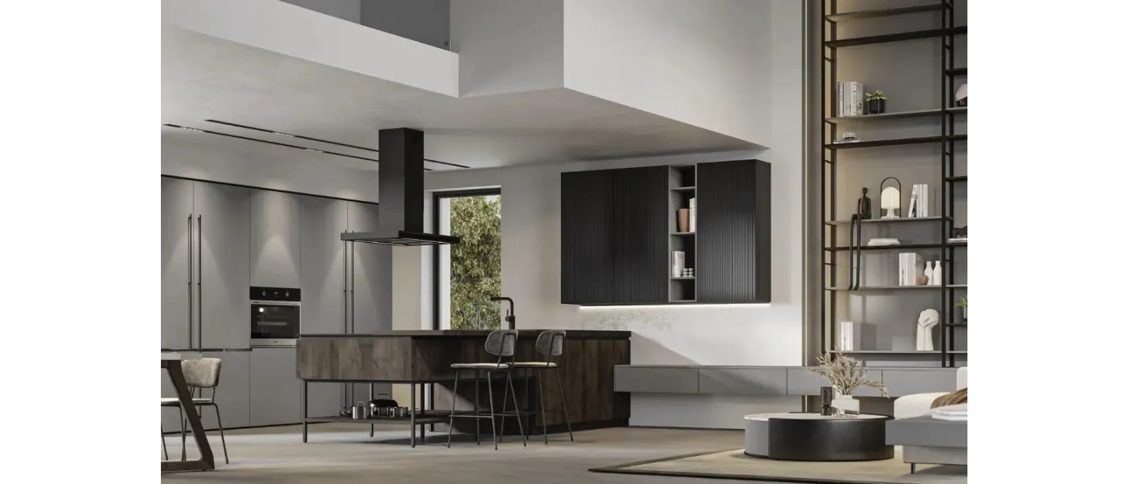 Cucina Moderna con penisola Loft 2|2 12 in Old Oak Petrolio e laccato di Arrex