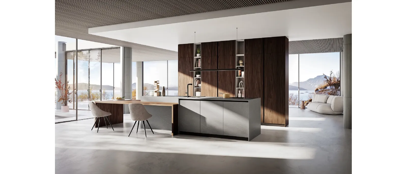 Cucina Moderna con isola Q01 001 effetto legno e effetto pietra di Ar-due