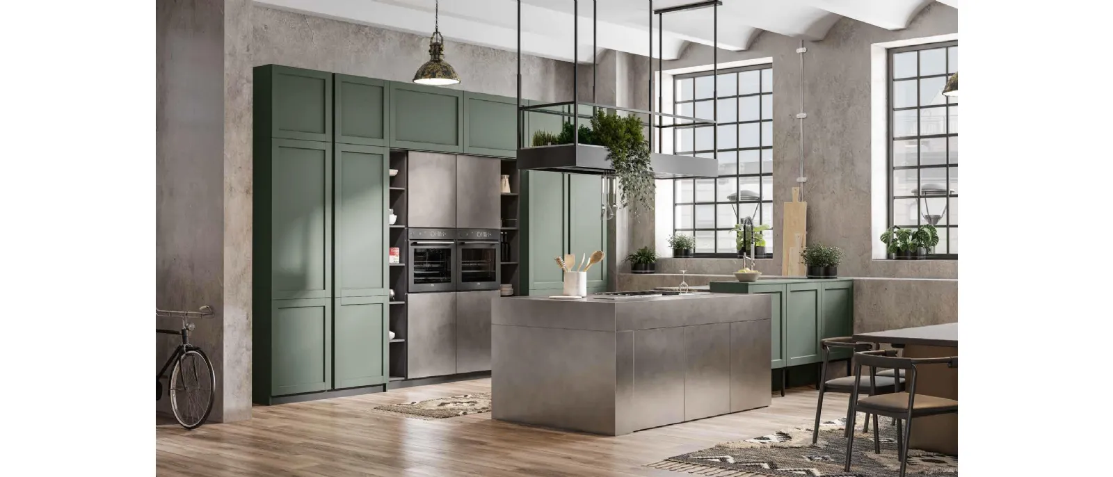 Cucina Moderna con penisola Queen Industrial in laccato e acciaio inox di Arrex