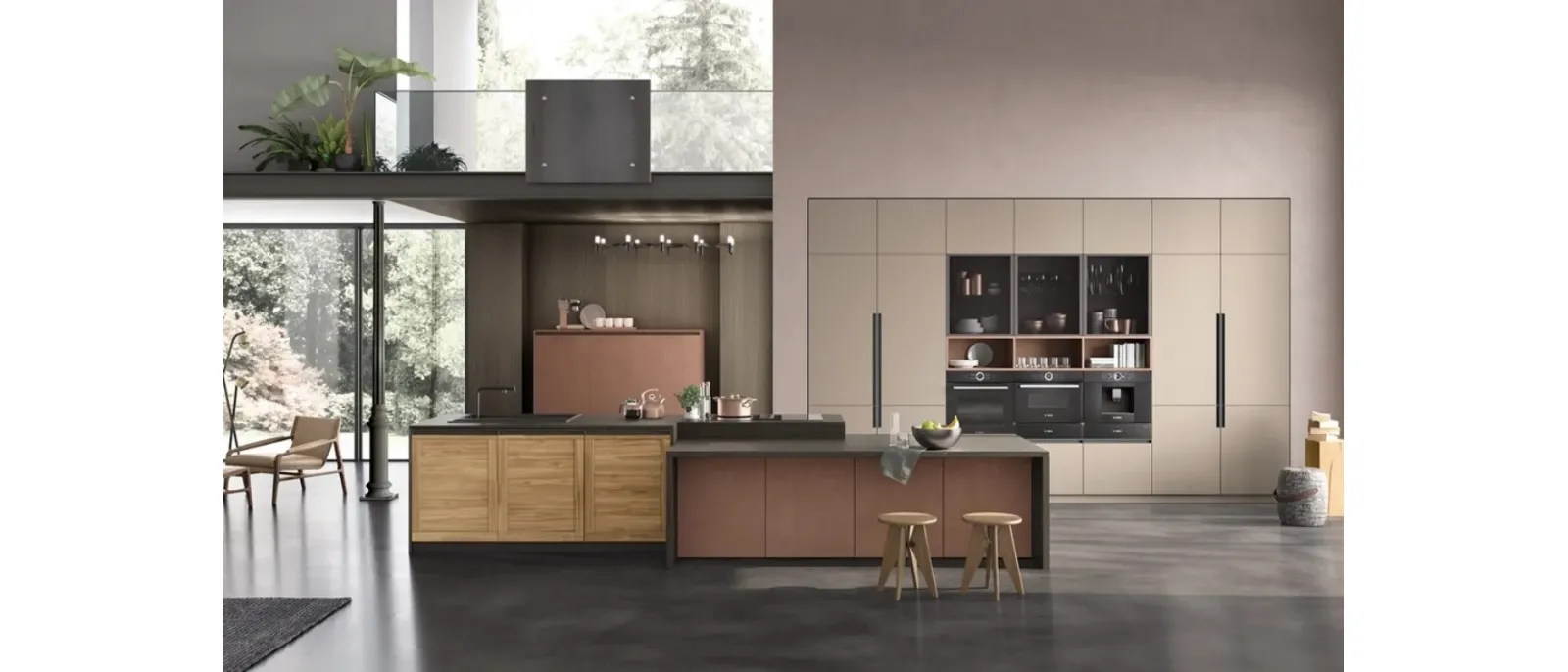 Cucina con isola Twin 06 Okobo Natural e Lab Oxide Marrone di Arrex